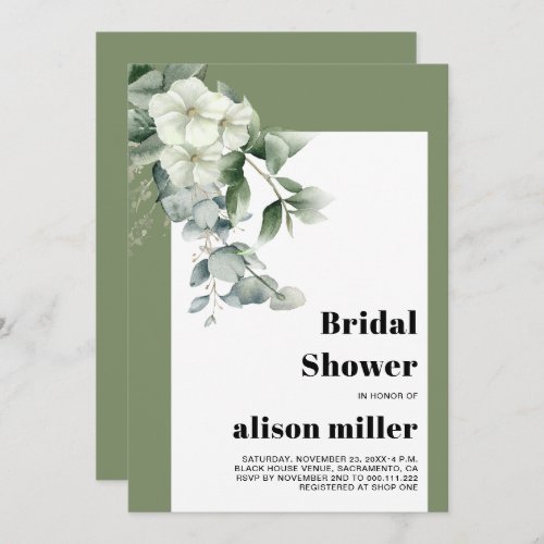 Frame with eucalyptus white flowers bridal shower invitation