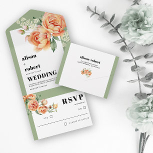Frame with peach rose flowers sage green wedding all in one invitation