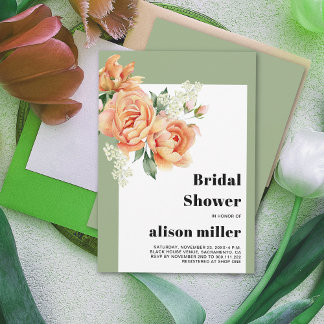 Frame with peach roses sage green bridal shower invitation