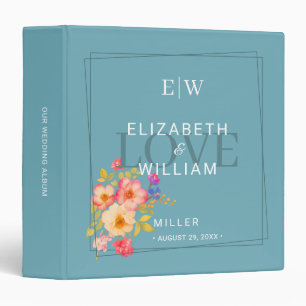 Frame with Roses, Wedding style on retro blue 3 Ring Binder