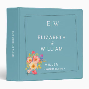 Frame with Roses, Wedding style on retro blue 3 Ring Binder