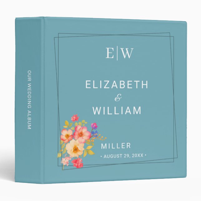  Frame with Roses, Wedding style on retro blue 3 Ring Binder (Front/Spine)