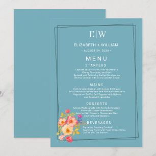 Frame with Roses, Wedding style on retro blue Menu