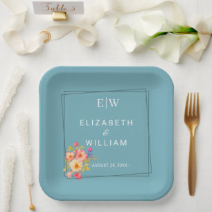 Frame with Roses, Wedding style on retro blue Paper Plates