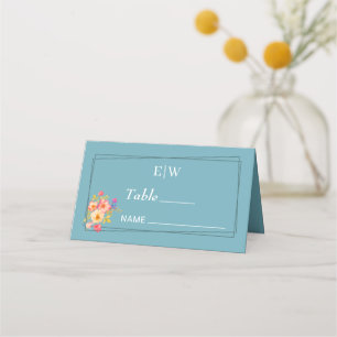 Frame with Roses, Wedding style on retro blue Place Card
