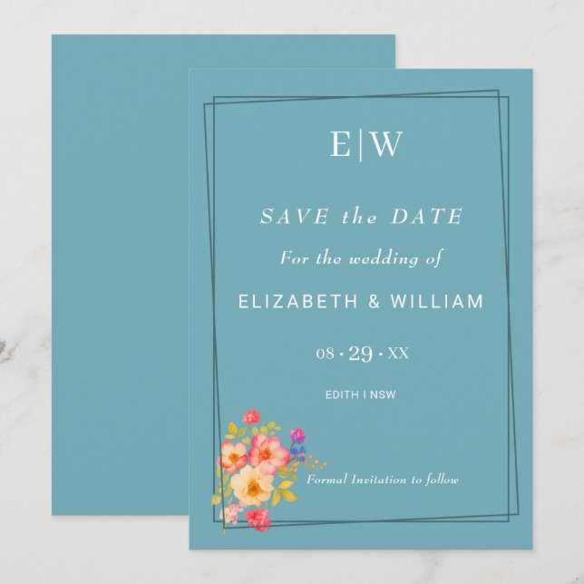  Frame with Roses, Wedding style on retro blue Save The Date (Front/Back)