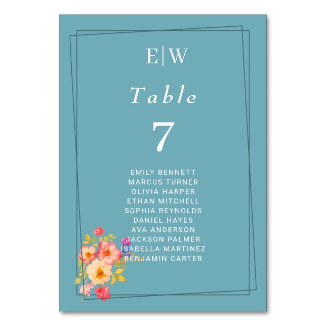  Frame with Roses, Wedding style on retro blue Table Number (Front)