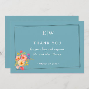 Frame with Roses, Wedding style on retro blue Thank You Card