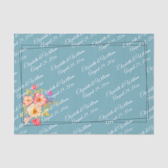  Frame with Roses, Wedding style on retro blue Tissue Paper (Front)