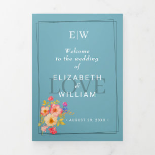  Frame with Roses, Wedding style on retro blue Tri-Fold Program