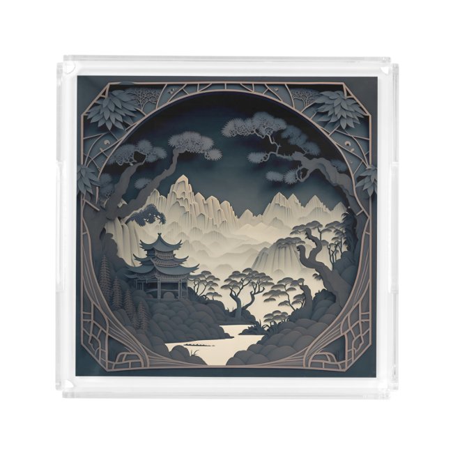 Framed 3D Chinese Landscape Grey Acrylic Tray