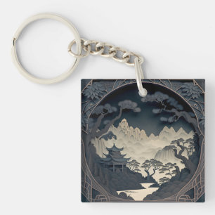 Framed 3D Chinese Landscape Grey Keychain