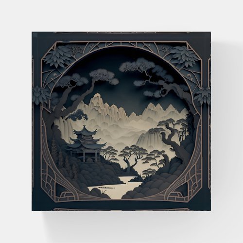 Framed 3D Chinese Landscape Grey Paperweight