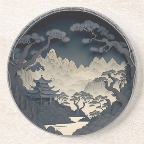 Framed 3D Chinese Landscape Grey Sandstone Coaster