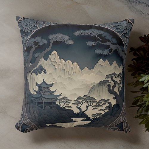 Framed 3D Chinese Landscape Grey Throw Pillow
