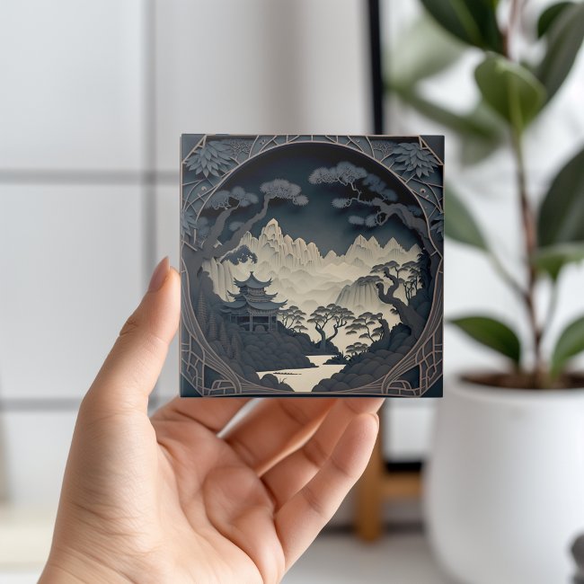 Framed 3D Chinese Landscape Grey Tile