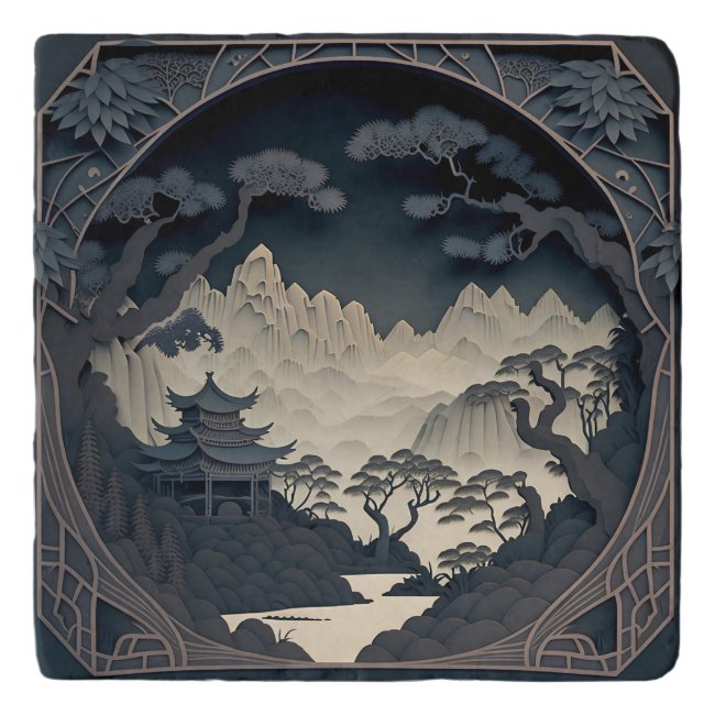 Framed 3D Chinese Landscape Grey Trivet