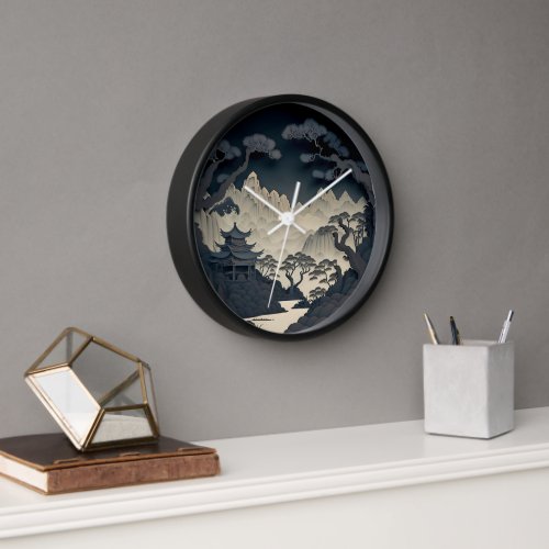 Framed 3D Chinese Landscape Grey Wall Clock