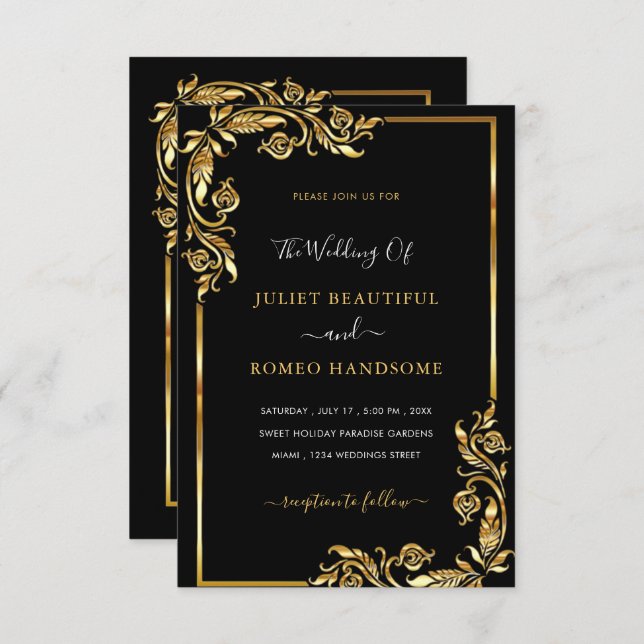 Framed Black and Gold Wedding Invitations Template (Front/Back)