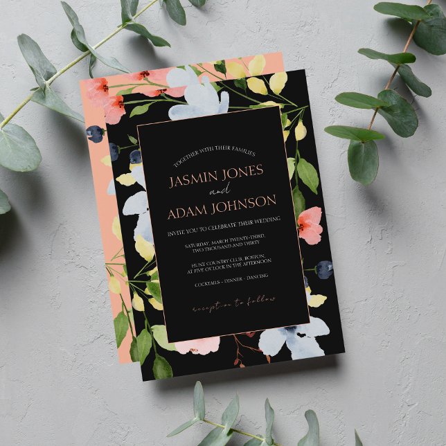 Framed Boho Black Pink and White Floral Wedding Invitation (Creator Uploaded)