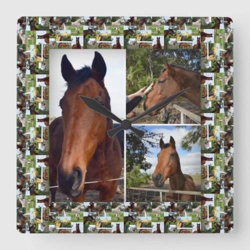 Framed Brown Horses In A Photo Collage Square Wall Clock