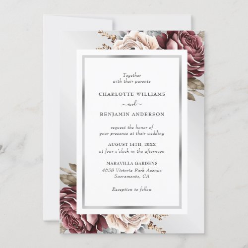 Framed Burgundy Silver Ivory Floral Wedding Invitation