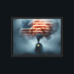 Framed Canvas Art-All Aboard the Freedom Train Print<br><div class="desc">Dark, moody tones draw the eye to a lone locomotive emerging from a storm; its plume of smoke swirls upward and resolves into a softly tattered American flag. The wrapped sides are in solid black. The canvas surface keeps colors vivid while adding depth to the shadows, and the stretched fabric...</div>