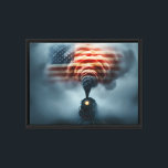 Framed Canvas Art-All Aboard the Freedom Train Print<br><div class="desc">Dark, moody tones draw the eye to a lone locomotive emerging from a storm; its plume of smoke swirls upward and resolves into a softly tattered American flag. The wrapped sides are in solid black. The canvas surface keeps colors vivid while adding depth to the shadows, and the stretched fabric...</div>
