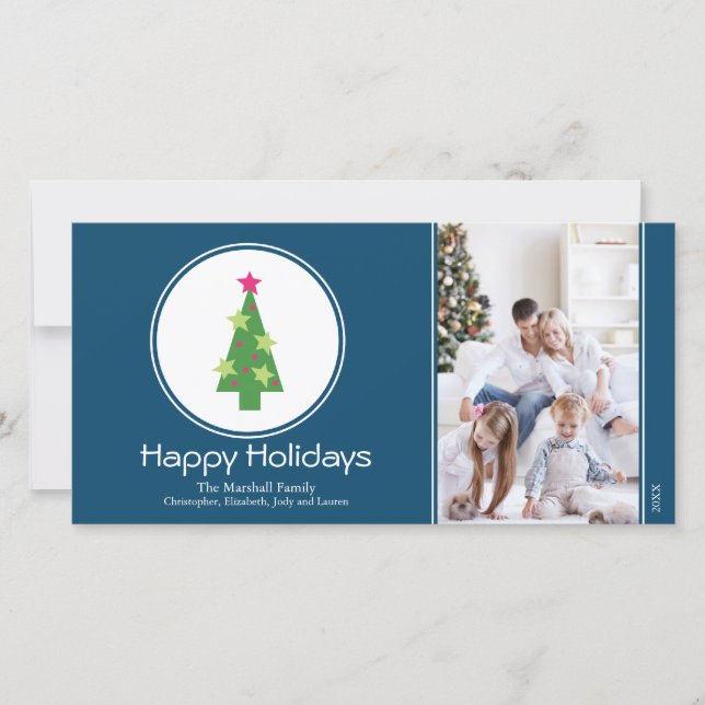 Framed Christmas Tree Holiday Photocard (blue) Card (Front)