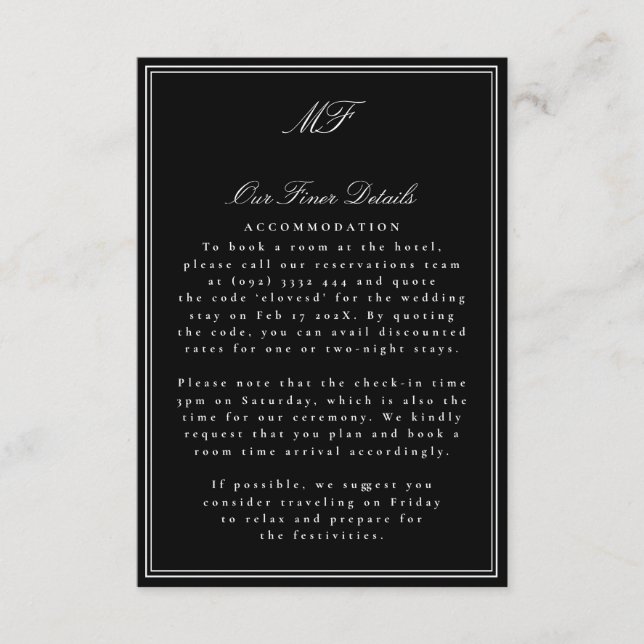 Framed Classic Formal Tuxedo Wedding Details Info Enclosure Card (Front)