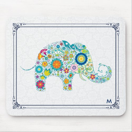 Framed Colorful Retro Floral Elephant Illustration Mouse Pad