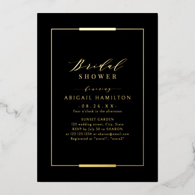 Framed Elegance Black Gold Simple Bridal Shower Foil Invitation (Front)