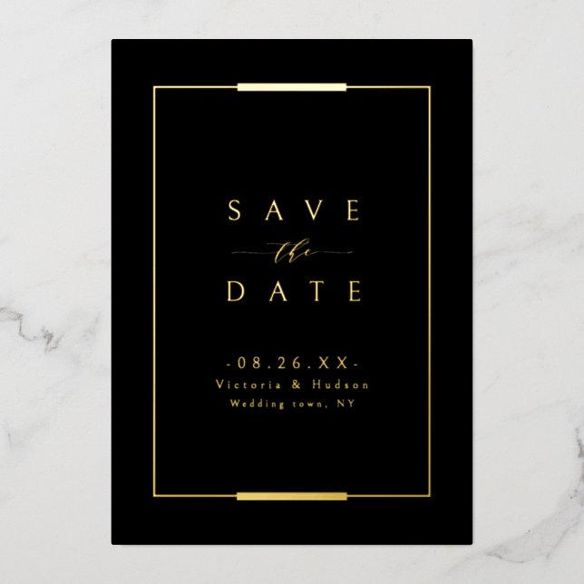 Framed Elegance Black Gold Simple Modern Wedding Foil Invitation (Front)