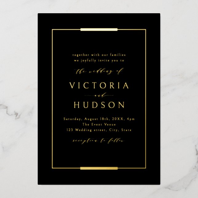 Framed Elegance Black Gold Simple Modern Wedding Foil Invitation (Front)