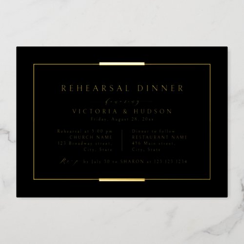 Framed Elegance Black Gold Simple Rehearsal Dinner Foil Invitation