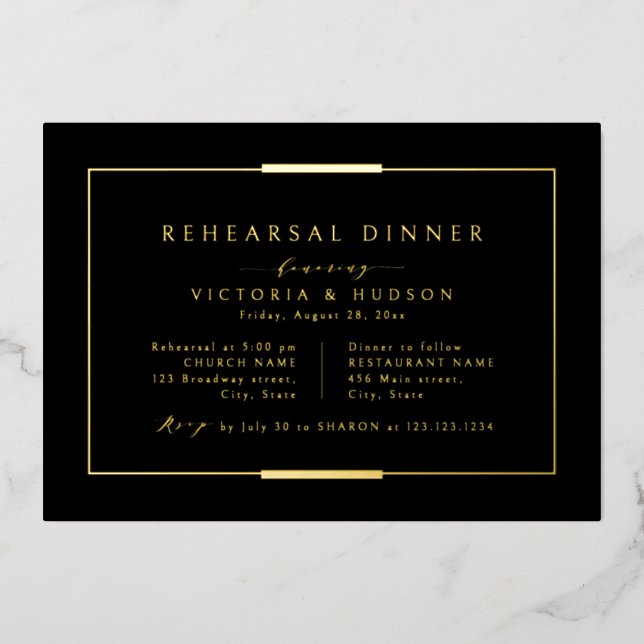 Framed Elegance Black Gold Simple Rehearsal Dinner Foil Invitation (Front)