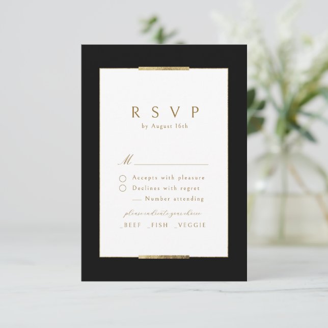 Framed Elegance Black Simple Modern Classy Wedding RSVP Card (Standing Front)