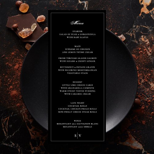 Framed  Elegant Monogram Black Wedding Menu