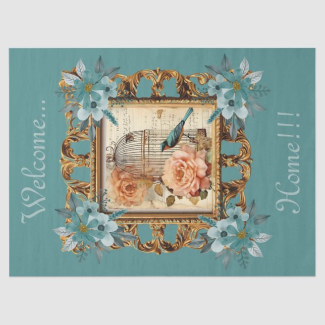 Framed Floral Bird Cage & Script Decoupage  Tissue Paper (Front)