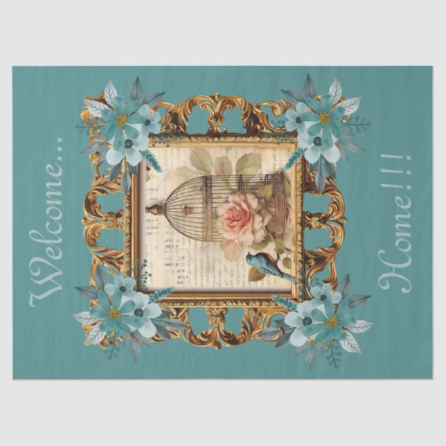 Framed Floral Bird Cage & Script Decoupage  Tissue Paper (Front)