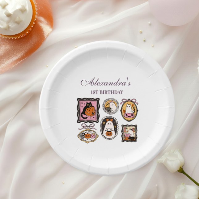 Framed Ghost & Cat Halloween 1st Birthday Paper Plates (Creator Uploaded)