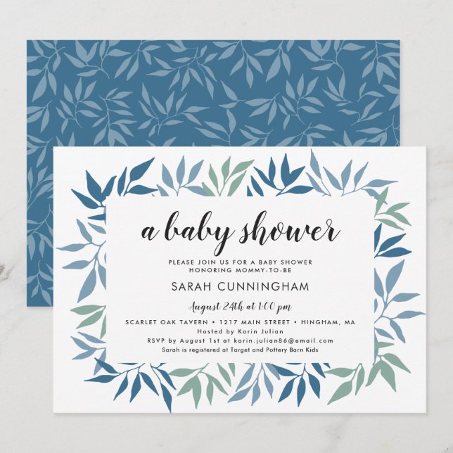 Framed Greeenery Leaves Blue and Green Baby Shower Invitation (Front/Back)