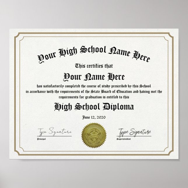 Framed High School graduate Diploma, GED Poster (Front)