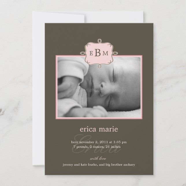 Framed Initials Birth Announcement - Pink/Gray (Front)