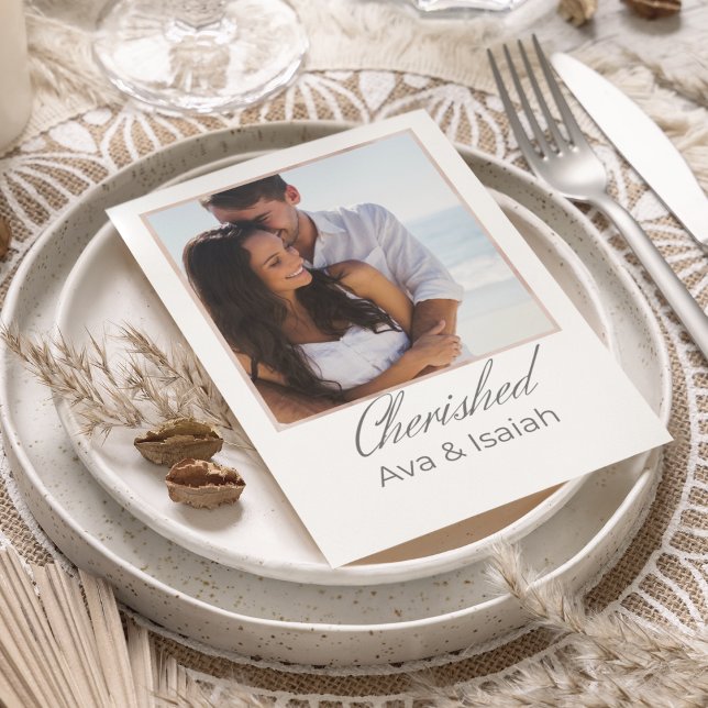 Framed Keepsake Line (Romantic flat card design with  watercolored framed photo, "Cherished" in script, and room for names)