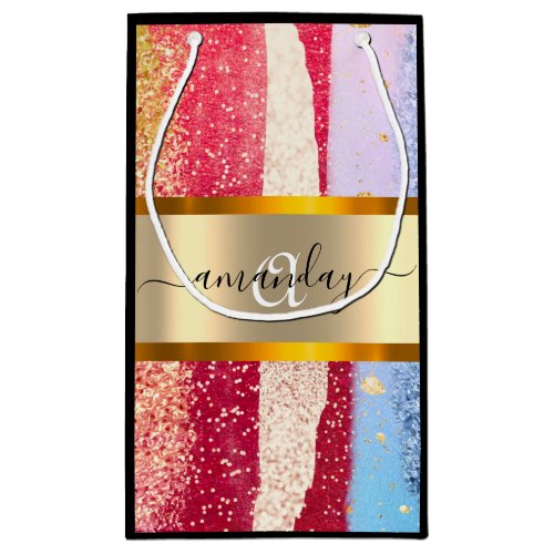 Framed Monogram Golden Glitter Pink Black Small Gift Bag