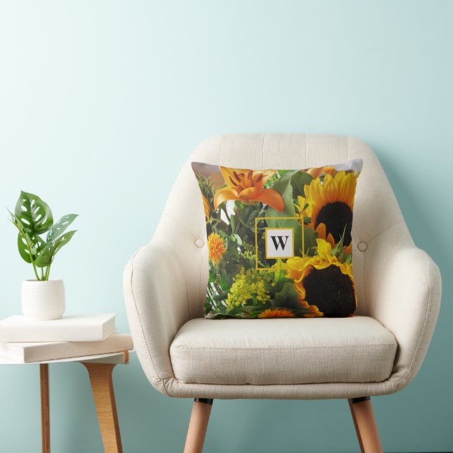 Framed Monogram, Large Sunflowers Print Autumn Throw Pillow (Chair)
