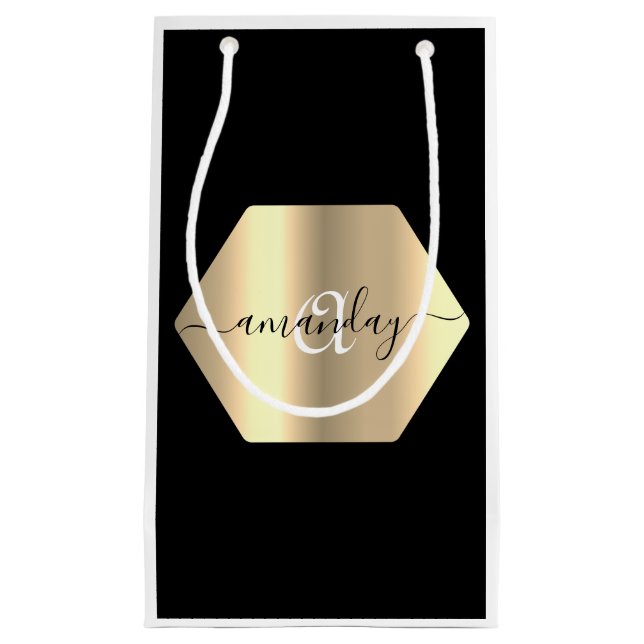 Framed Monogram Name Gold Black Branding Favor Small Gift Bag (Front)