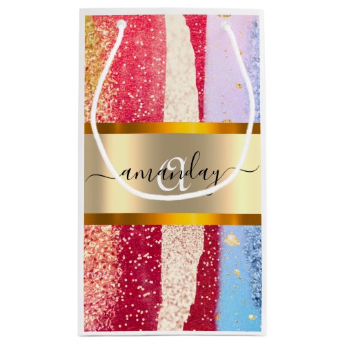 Framed Monogram Name Gold Glitter Strokes White Small Gift Bag