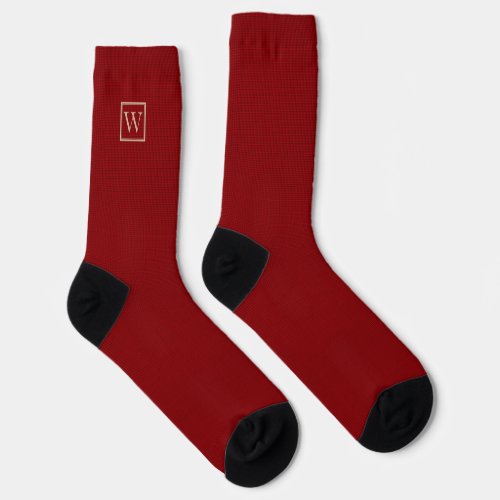 Framed Monogram on Faux Red Burlap Style Design Socks